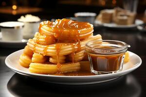 ai generiert Churros und Schokolade Soße Stehen auf ein Teller foto