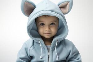ai generiert Porträt von ein Baby Kind tragen ein Blau Hase Kostüm auf isoliert Hintergrund foto