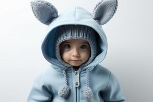 ai generiert Porträt von ein Baby Kind tragen ein Blau Hase Kostüm auf isoliert Hintergrund foto