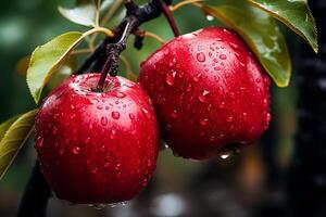 ai generiert frisch und nass rot Äpfel auf das Baum.schließen oben Aussicht im Sonnenlicht foto