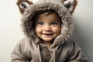 ai generiert Porträt von ein Baby Kind tragen ein Wolf Kostüm auf isoliert Hintergrund foto