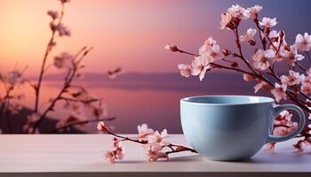 ai generiert Frische von Frühling Blüten auf hölzern Tisch, Natur Schönheit generiert durch ai foto