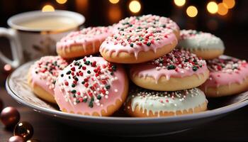 ai generiert hausgemacht Gourmet Dessert frisch Erdbeere Krapfen mit Schokolade Glasur generiert durch ai foto