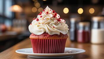 ai generiert hausgemacht Cupcake mit ausgepeitscht Creme, Schokolade, und Obst Dekoration generiert durch ai foto