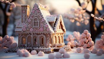 ai generiert hausgemacht Lebkuchen Haus, dekoriert mit Glasur und Schneeflocken generiert durch ai foto