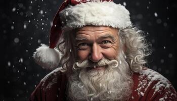 ai generiert lächelnd Senior Mann im Winter feiert mit Geschenk und Schnee generiert durch ai foto