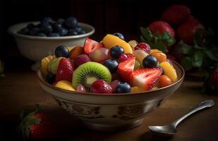 ai generiert ein Nahansicht Schuss von frisch Obst Salat foto