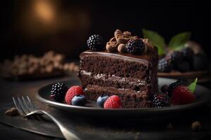 ai generiert ein köstlich Schokolade Kuchen Slice.close oben Aussicht foto