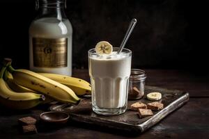 ai generiert Banane Milchshake auf hölzern Tabelle.schließen oben Aussicht foto