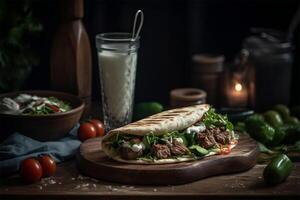 ai generiert ein köstlich Türkisch Fleisch Kebab Roll.Nahaufnahme Aussicht foto