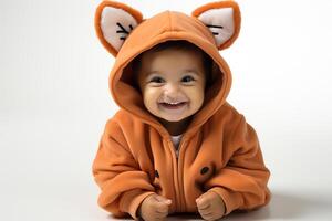ai generiert Porträt von ein Baby Kind tragen ein Fuchs Kostüm auf isoliert Hintergrund foto
