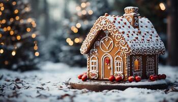 ai generiert hausgemacht Lebkuchen Haus dekoriert mit Glasur, Süssigkeit, und Schneeflocken generiert durch ai foto