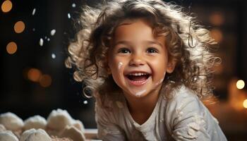 ai generiert lächelnd Kind, Glück, heiter, Niedlich, Freude, lockig Haar, spielerisch, Vergnügen, klein Mädchen generiert durch ai foto