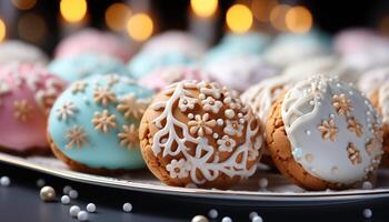 ai generiert hausgemacht Gourmet Kekse, dekoriert mit Glasur und Schneeflocke Formen generiert durch ai foto