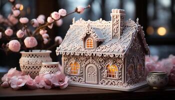 ai generiert hausgemacht Lebkuchen Haus Dekoration auf Holz Tisch, Winter Feier generiert durch ai foto