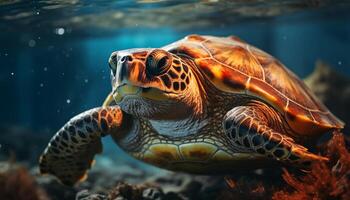 ai generiert ein schön Meer Schildkröte Schwimmen im das bunt Koralle Riff generiert durch ai foto
