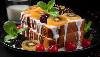 ai generiert hausgemacht Dessert Süss Scheibe von Käsekuchen mit frisch Beeren generiert durch ai foto