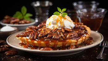 ai generiert Frische und Genuss auf ein rustikal Holz Tisch, hausgemacht Dessert generiert durch ai foto