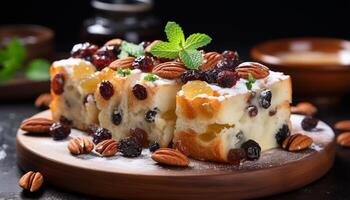 ai generiert hausgemacht Gourmet Dessert Süss Kuchen mit frisch Blaubeeren und Sahne generiert durch ai foto