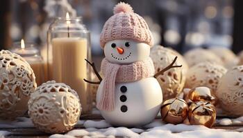 ai generiert Winter Feier Schneemann Dekoration, Kerze, Weihnachten Ornament, froh draußen generiert durch ai foto