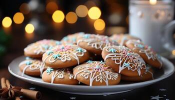 ai generiert hausgemacht Lebkuchen Plätzchen auf dekoriert Platte, umgeben durch Schneeflocken generiert durch ai foto