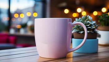 ai generiert Kaffee Tasse auf hölzern Tisch, drinnen, schließen hoch, Hitze, Entspannung generiert durch ai foto