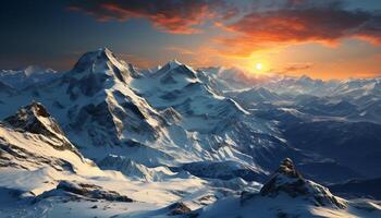 ai generiert majestätisch Berg Gipfel, still Sonnenuntergang, gefroren Landschaft, Panorama- Schönheit generiert durch ai foto
