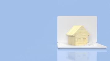 das Holz Haus auf Laptop zum Eigentum oder echt Nachlass Konzept 3d Wiedergabe. foto