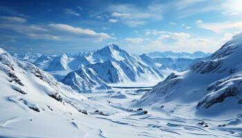 ai generiert Berg Gipfel, Schnee bedeckt Landschaft, Blau Himmel, still Szene, gefroren Schönheit generiert durch ai foto