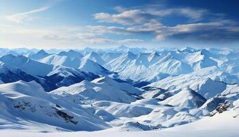 ai generiert Panorama- Winter Landschaft Schnee gekappt Berge, Blau Himmel, still Schönheit generiert durch ai foto