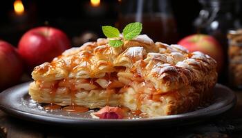 ai generiert frisch gebacken Apfel Kuchen auf hölzern Platte, ein Süss Freude generiert durch ai foto