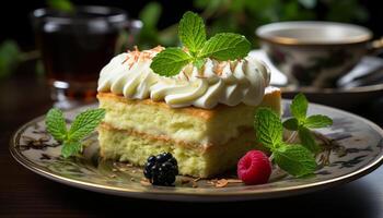 ai generiert hausgemacht Gourmet Dessert Süss Kuchen mit frisch Himbeere und Minze generiert durch ai foto