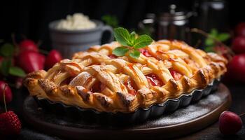 ai generiert hausgemacht Süss Kuchen auf rustikal Holz Tisch, frisch und köstlich generiert durch ai foto