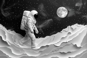 ai generiert abstrakt einfarbig schwarz und Weiß Papier Schnitt Stil Illustration von ein Astronaut Gehen auf ein Außerirdischer Planet foto