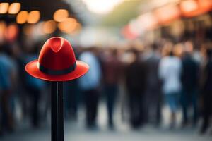 ai generiert rot Hut Pops auf Pole, ein auffallen im geschäftig Menge foto