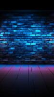 ai generiert futuristisch Ambiente dunkel Blau Backstein Mauer beleuchtet durch Neon- Beleuchtung Vertikale Handy, Mobiltelefon Hintergrund foto