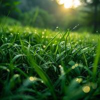 ai generiert Bild Naturen Erwachen Sonnenaufgang badet ein üppig Grün Wiese im Tau zum Sozial Medien Post Größe foto