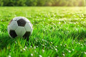 ai generiert Fußball Ball auf ein sonnendurchflutet Gras Feld, 3d Rendern Konzept foto