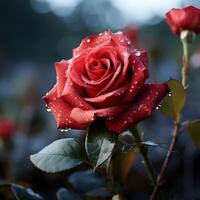 ai generiert elegant Romantik rot Rose mit Tau Tropfen auf Bokeh Hintergrund zum Sozial Medien Post Größe foto