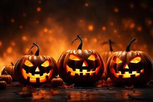 ai generiert gespenstisch Erleuchtung Halloween Kürbisse mit unheimlich Gesichter auf feurig Hintergrund foto