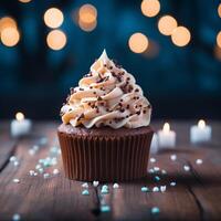 ai generiert Aussicht Süss Genuss Cupcake auf Holz mit Herz Bokeh Hintergrund zum Sozial Medien Post Größe foto