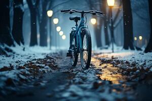 ai generiert eisig Pedal Abenteuer Nachtzeit Fahrrad Reiten im schneebedeckt Winter Park foto