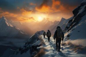 ai generiert schneebedeckt Wanderung Wanderer mit Rucksäcke Traverse schneebedeckt Berge beim Sonnenuntergang foto