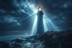 ai generiert zauberhaft Nacht mystisch Licht Balken von ein uralt verfolgt Leuchtturm foto