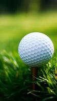 ai generiert Sport Gelassenheit Golf Ball auf Tee, Grün Gras Nahansicht Vertikale Handy, Mobiltelefon Hintergrund foto