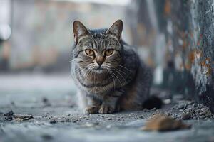 ai generiert einsam Katze auf ein ruhig Zement Boden, isoliert noch heiter foto