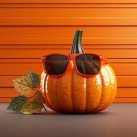 ai generiert schrullig Herbst Kürbis mit Sonnenbrille fügt hinzu ein spielerisch berühren, 3d Illustration zum Sozial Medien Post Größe foto
