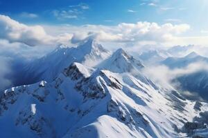 ai generiert Winter Wunder Schnee bedeckt Berge im ein oben Aussicht Panorama- Szene foto