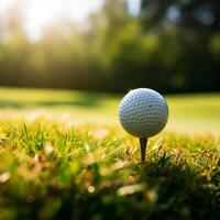 ai generiert Golf Spielplatz Eleganz Grün Gras mit Golf Ball im Sonnenlicht zum Sozial Medien Post Größe foto