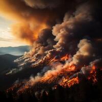 ai generiert Berg Lauffeuer heftig Flammen verschlingen das Berghang im ein dramatisch Szene zum Sozial Medien Post Größe foto